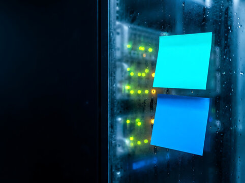 Two sticky notes on a server rack panel with glowing lights