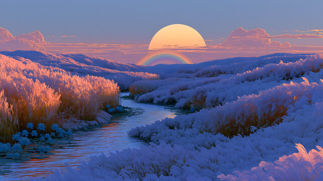 Field Of Reeds Eternal Golden Landscape, Translucent Golden Reeds And Silver Canals, Blue Lotuses Bloom, Rainbow Bridge To Sun Disk, Commercial Visual Asset For Myth Picture Book Healing Fantasy Game
