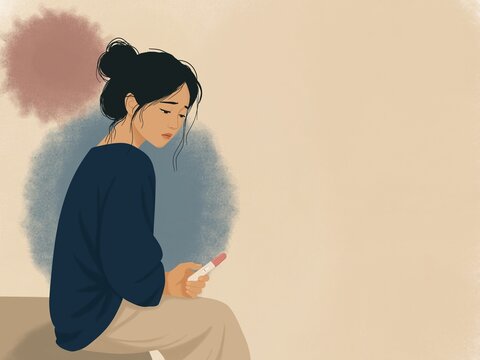 Pensive woman holding pregnancy test during early maternity