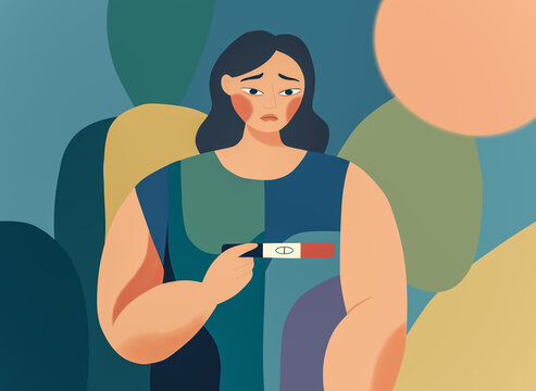 Worried woman holding pregnancy test during motherhood journey