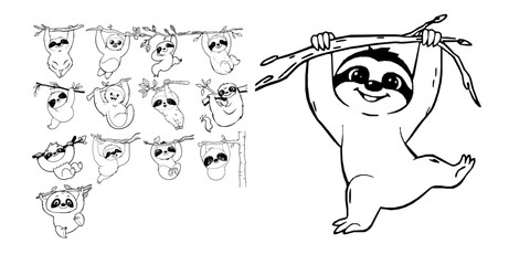 Obraz premium Cheerful Cartoon Sloth Hanging From A Branch Simple Coloring Book Line Art Thick Bold Outlines Cut Coloring Page