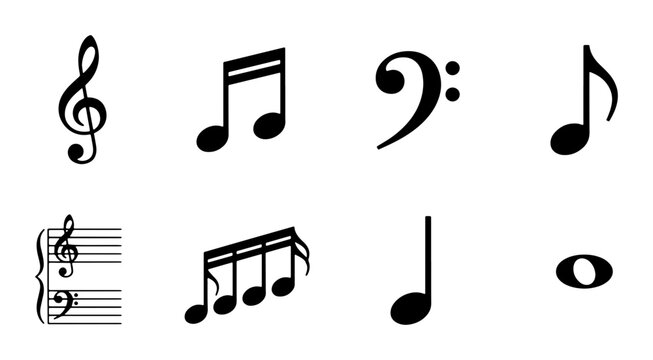 Musical Notes and Symbols Vector Set: Treble Clef, Bass Clef, Eighth Notes, Quarter Notes, Whole Note, Staff