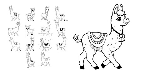 Fototapeta premium Cute Cartoon Llama Walking Simple Coloring Book Line Art Thick Outlines Coloring Page