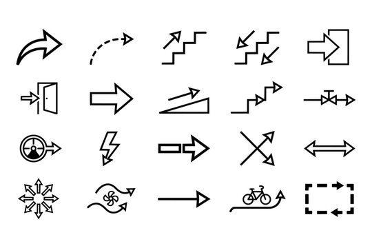 Architectural Diagram Arrows & Flow Symbols Large Icon Vector Set, Black Clean Line Graphics for CAD Drawings, Design Concepts, and Spatial Analysis