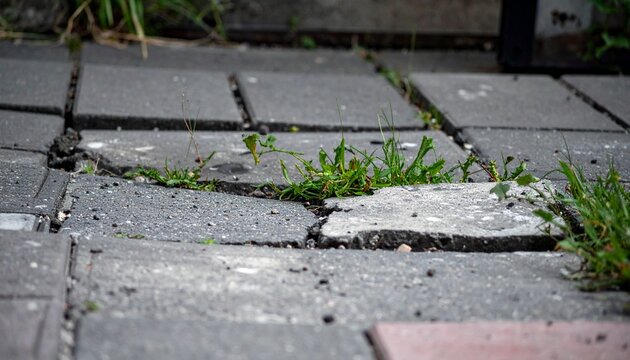 Close-up of damaged uneven paving blocks with weeds, ideal for construction