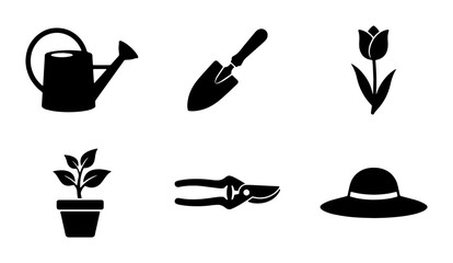 Gardening Icons Set: Watering Can, Trowel, Tulip, Plant, Pruners, Hat, Vector Graphics © Nusrst