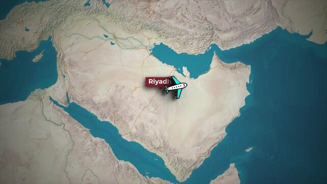 Animated Airplane Flight Route from Riyadh to Singapore on Topographic Map