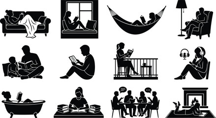 Collection of black silhouette depicting people reading books, studying, relaxing, and listening to audio in various home settings