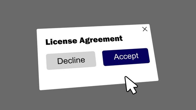 license agreement pop up animation with clicking cursor. digital user interface accepting license agreement. software license consent button with mouse interaction.