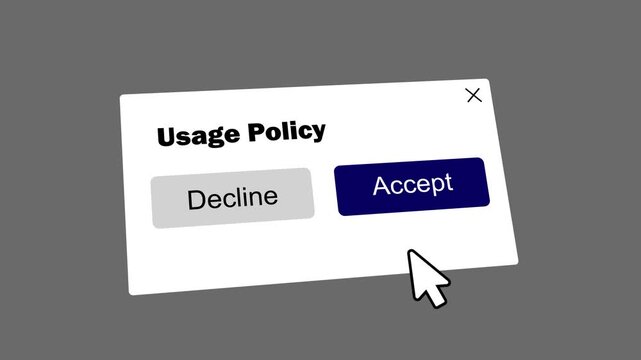usage policy cookie consent popup animation with mouse click. web interface popup dialog with accept and decline buttons. website notification banner with mouse cursor interaction.