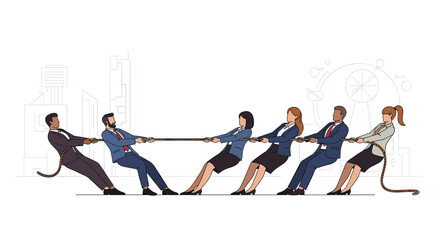 Obraz premium Business professionals in formal suits engage in a competitive tug of war game to symbolize corporate conflict.
