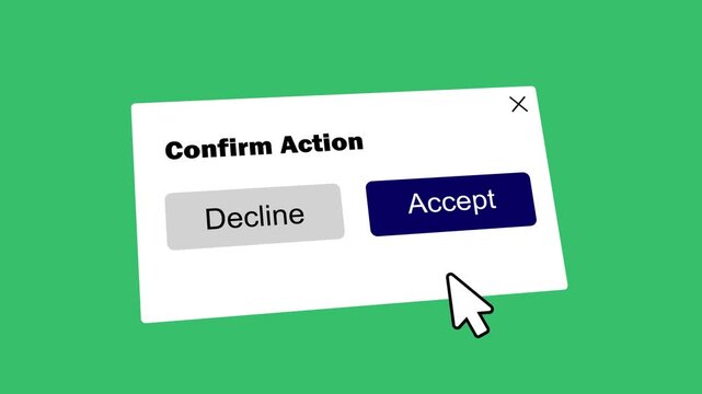 user interface confirm action dialogue box with hand cursor clicking accept on green screen. flat vector ui animation of confirmation window with hand click for app developers.