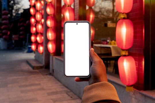 Smartphone mockup in China street with red lantern light
