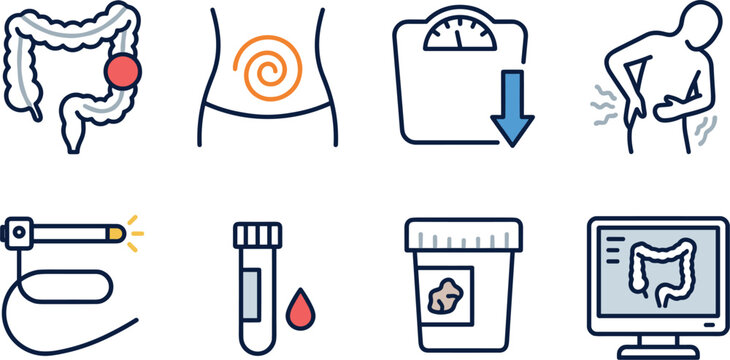 Colorectal Cancer and Colonoscopy Medical Vector Icon Set with Colon Tumor Abdominal Cramps Weight Loss Endoscope Blood Test Stool Sample and Screen Diagnostic