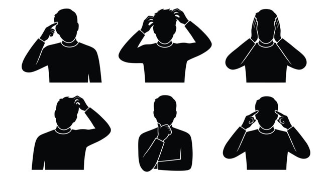 Man thinking or confused gesturing head touching mind confused.