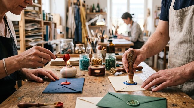 Artisans Sealing Envelopes with Wax in Workshop