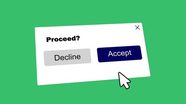 user interface pop-up with proceed accept and decline buttons on chroma key green background. digital user consent choice concept with hand cursor clicking accept button motion graphic.