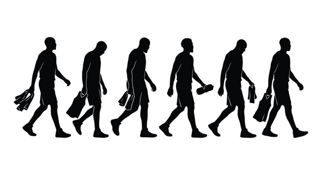 Evolution of man carrying shopping bags, representing consumerism progression.