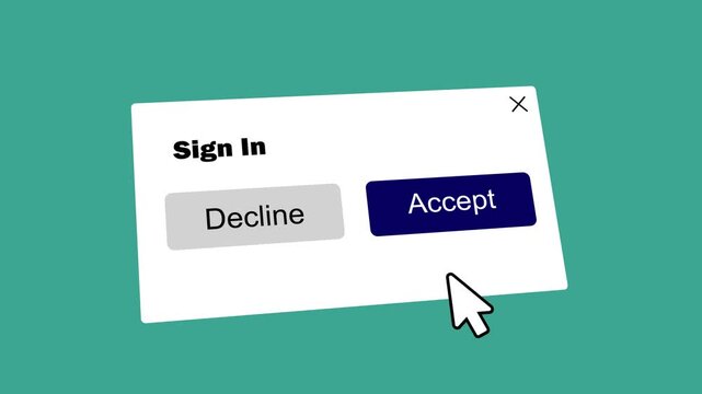 clicking accept button on sign in popup dialog window ui animation. website login popup with decline and accept options on green background. digital consent concept with hand pointer clicking accept.