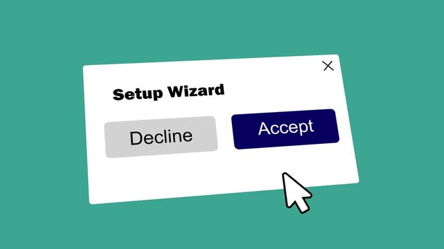setup wizard pop up window accept decline click animation. user interface installation agreement accept option clicking. software terms of service accept decline dialogue box.