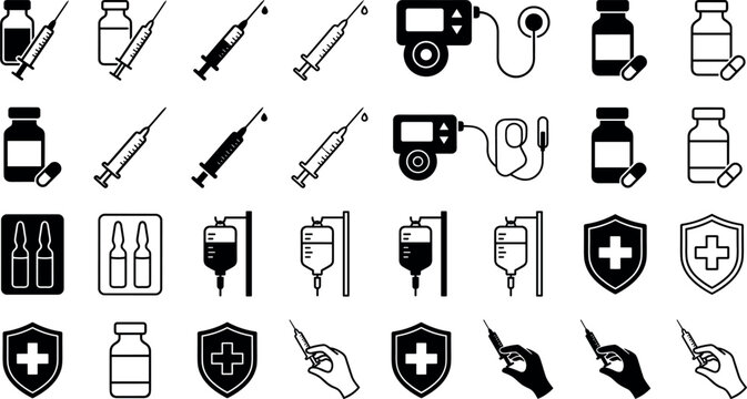 Medical Injection and Vaccination Vector Icon Set with Syringe Vaccine Vial Insulin Pump Shield Ampoule Hand and Intravenous Drip Healthcare Concepts