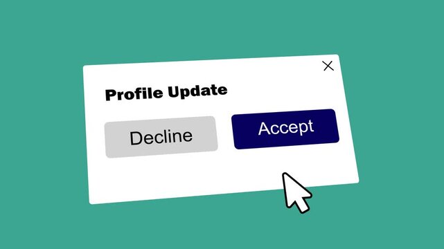 profile update pop-up window click accept button animation. saas platform profile edit accept popup with clicking hand cursor. digital consent interface pop-up screen showing profile settings update.