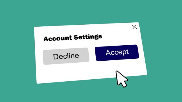 hand cursor clicking on accept option inside an account settings dialog box. flat design vector animation of user interface concept showing decline and accept choices.
