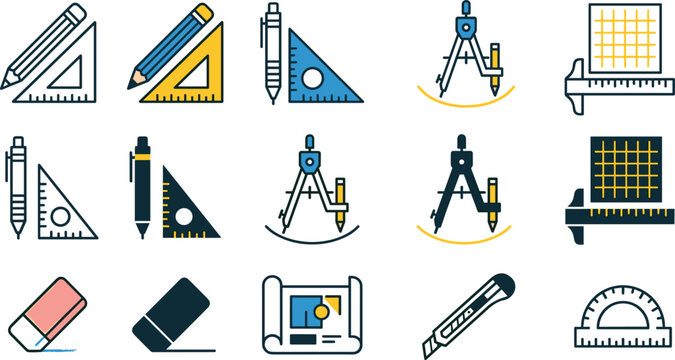 Architecture and Drafting Vector Icon Set with Pencil Triangle Ruler Compass Blueprint Eraser T Square and Protractor for Technical Drawing Design Concepts