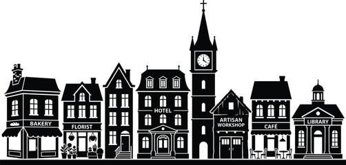 Fototapeta premium Stylized vector silhouette illustration of small town street with bakery, florist, hotel, café, and library buildings