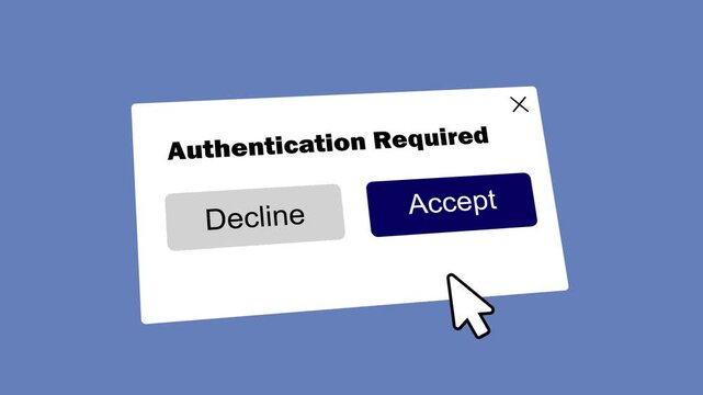 user interface authorization modal dialog box with accept and decline buttons. authentication required popup window with hand cursor clicking accept button 3d rendering.