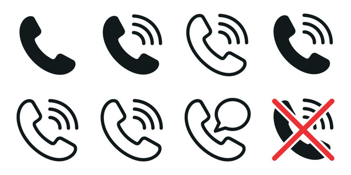 Phone call icons displaying modern communication states in solid and outline styles for mobile applications and user interface design