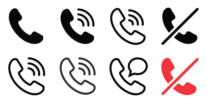 Phone call icons displaying modern communication states in solid and outline styles for mobile applications and user interface design