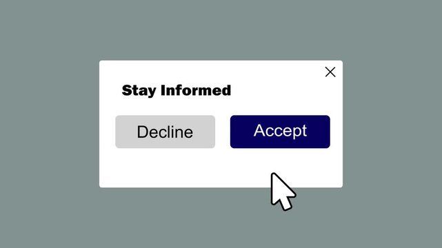 modern stay informed notification window with user click interface for websites. website information alert popup with accept and decline buttons on transparent background.