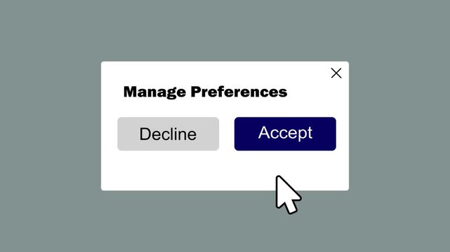 settings preferences popup with interactive confirmation interface animation. modern manage preferences notification window with accept and decline buttons.