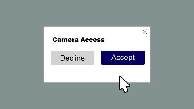 browser camera access notification popup with interactive user interface animation. webcam permission request window with accept confirmation on transparent background.