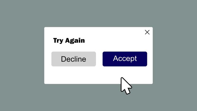 try again popup notification with accept & decline buttons ui animation. retry dialog box with cursor clicking accept button interface animation. modern try again error popup with interactive confirm.