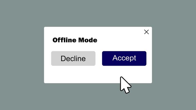 offline mode dialog box with cursor clicking accept button interface animation. internet connection offline notification popup with interactive user interface. modern offline mode alert window.