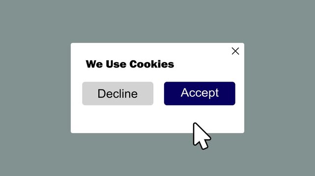 cookie consent popup with accept and decline buttons animation on transparent background. website cookie consent notification with accept click interface ui animation.