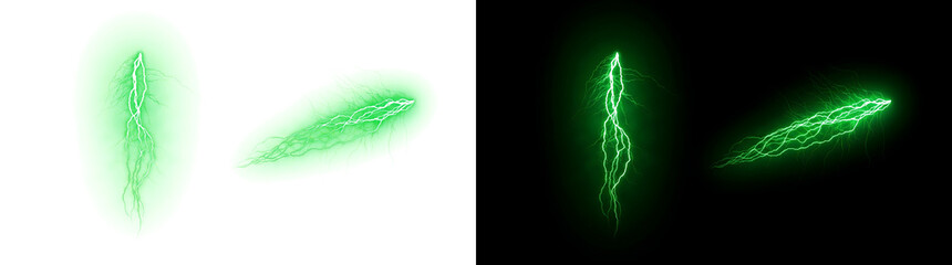 Naklejka premium Green Lightning glowing electric bolt effect for futuristic design with PNG, Transparent and Black Background Versions