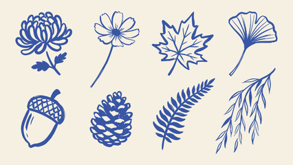 Blue hand drawn botanical vector illustrations set featuring autumn leaves flowers pinecone and acorn for seasonal design © Zyariss