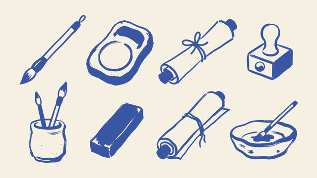 Traditional East Asian calligraphy and painting tools vector illustration set featuring brushes inkstone scrolls and stamp