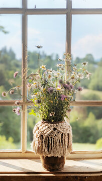 A vase with a bouquet of wildflowers and daisies on a windowsill