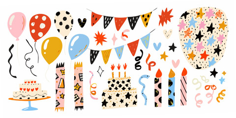 Birthday party elements illustration with balloons cake and festive decorations © Rakesh