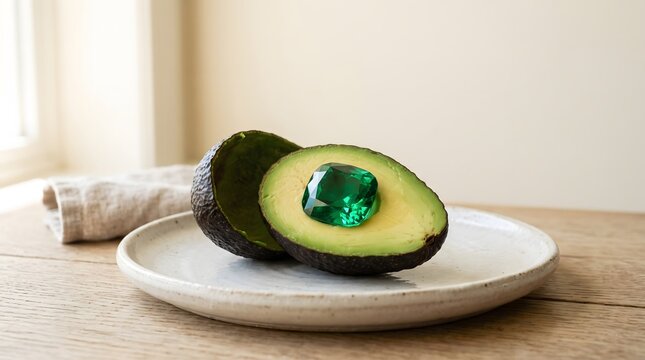 A creative conceptual shot of a fresh, ripe avocado cut in half on a white plate, with a sparkling emerald gemstone hidden inside the fruit