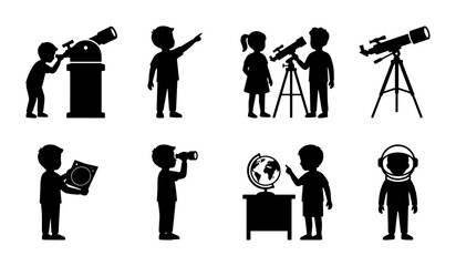 Children Exploring Space, Astronomy Icons, Science Education Vector Set, Kids Discovering Stars © Arif