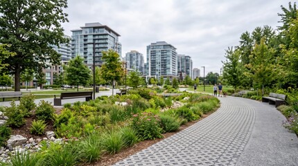 Obraz premium Lush Urban Park Pathway Leading to Modern City