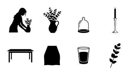 Elegant Silhouette Icons: Woman, Vase, Candle, Table, Glassware, Plant Elements © Arif