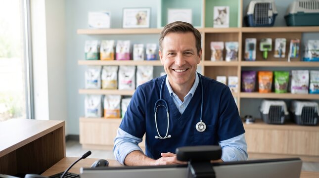 Friendly veterinarian smiling at animal clinic
