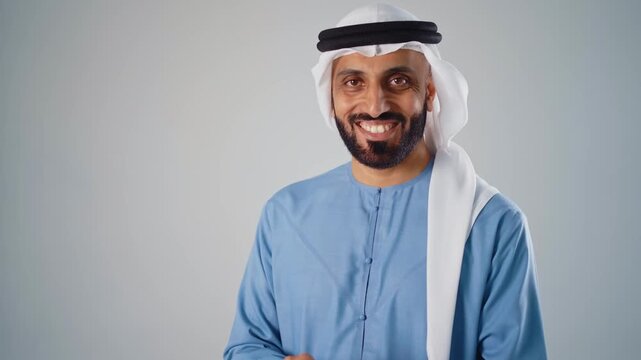 Confident young arab man with a beard wearing traditional clothing, a keffiyeh and agal, looking at the camera and smiling, expressing happiness and success on a gray studio background