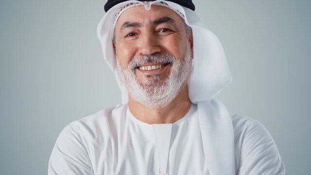 Cheerful senior arab man with a gray beard wearing a shemagh and agal looking at the camera and smiling, expressing happiness and confidence on a clean white background in a studio setting